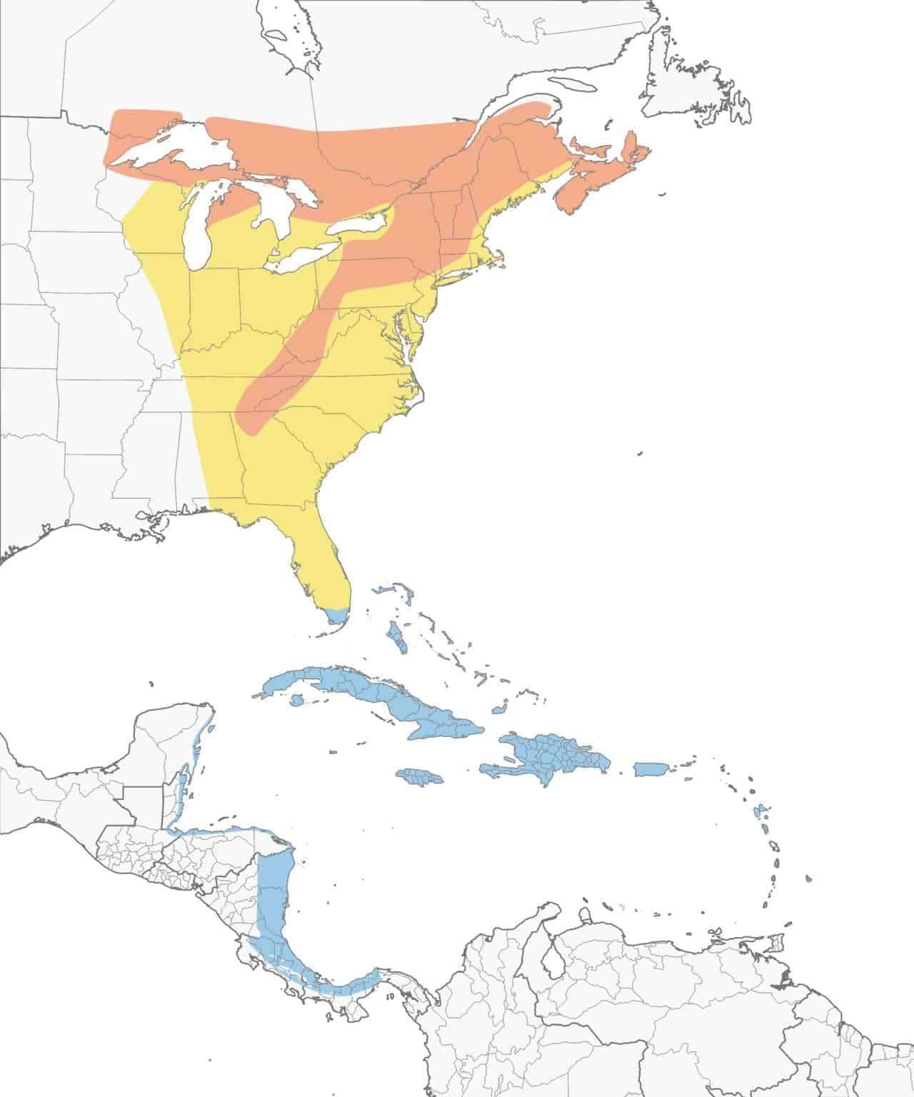Mapa de distribución de la curruca azul de garganta negra
