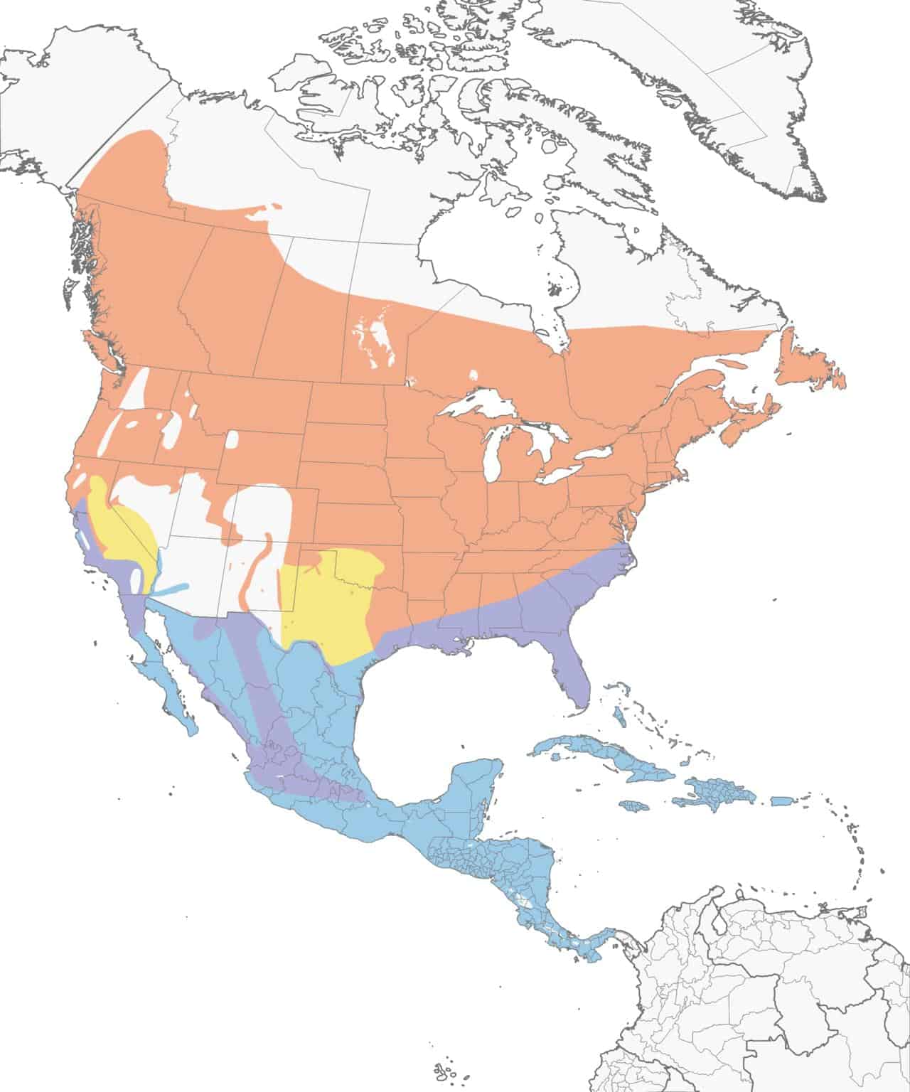 Mapa de distribución de la garganta amarilla común.