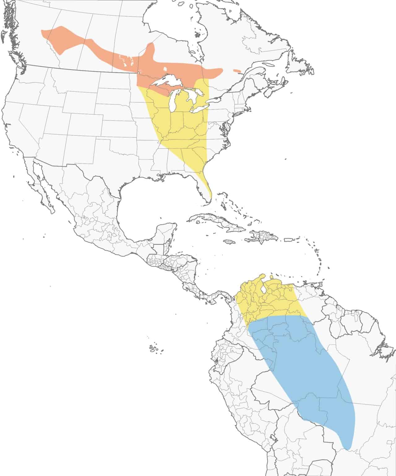 Mapa de distribución de la curruca de Connecticut.