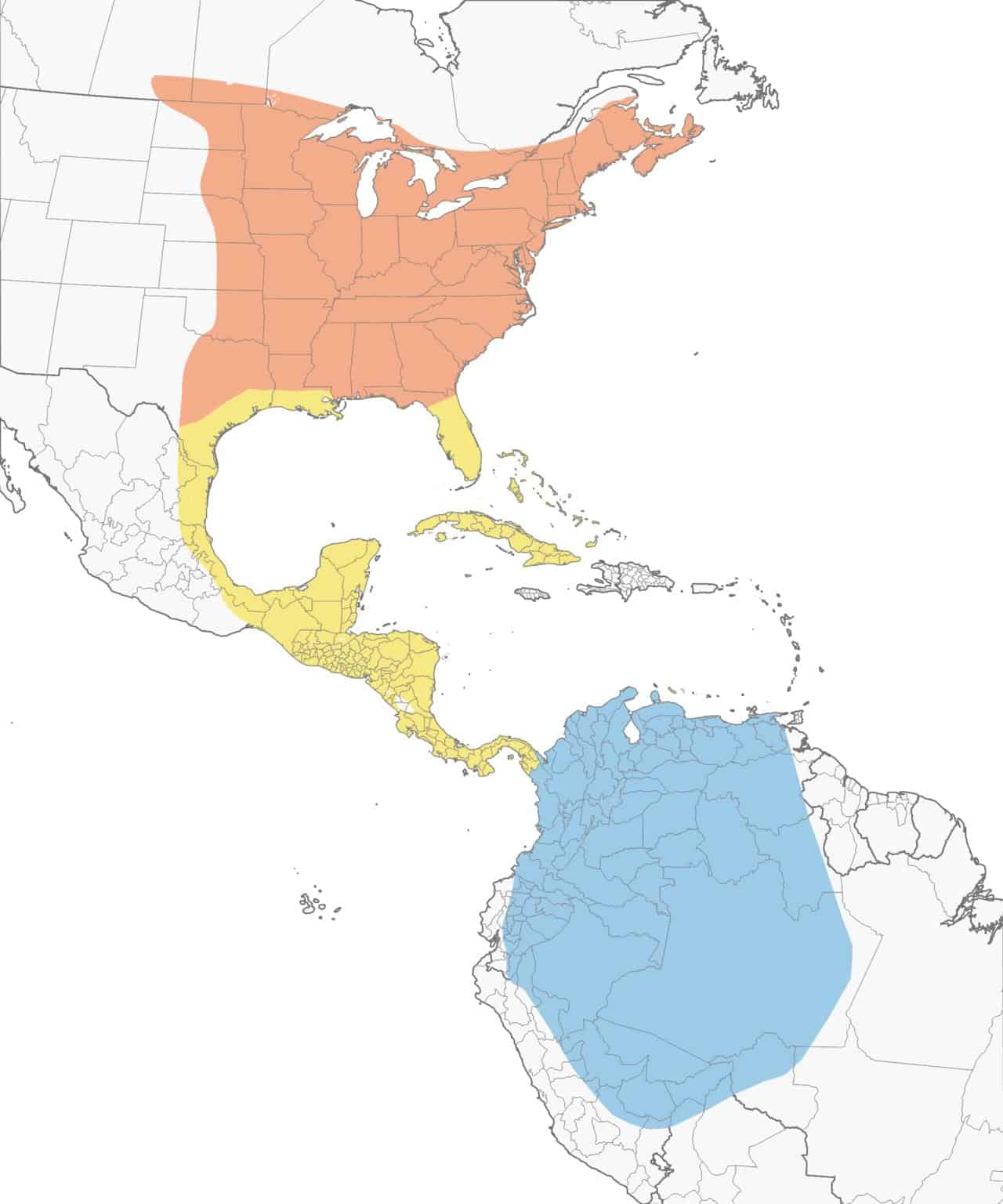 Mapa de distribución del pewee de madera del este