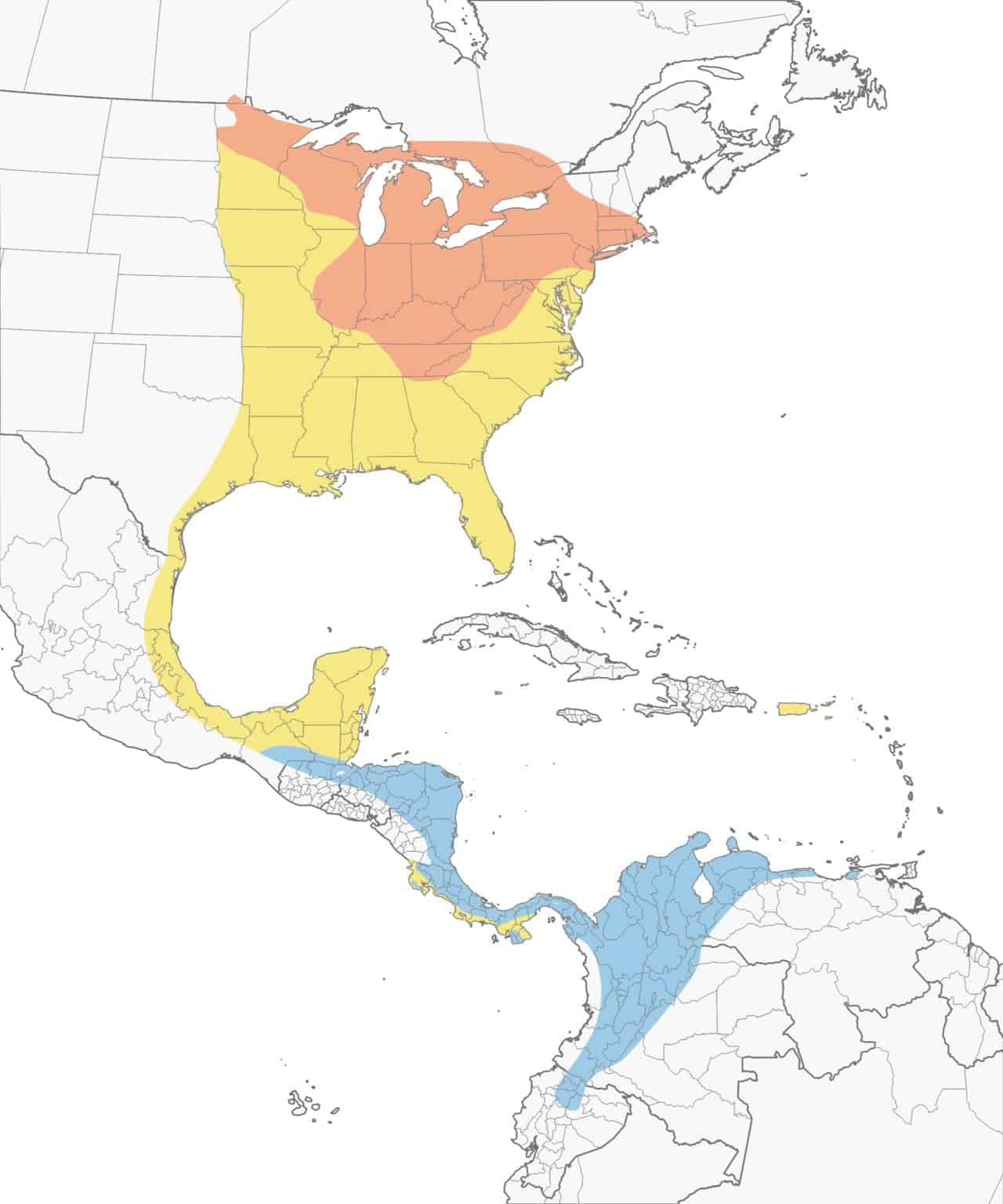 Mapa de distribución de la reinita de alas doradas.