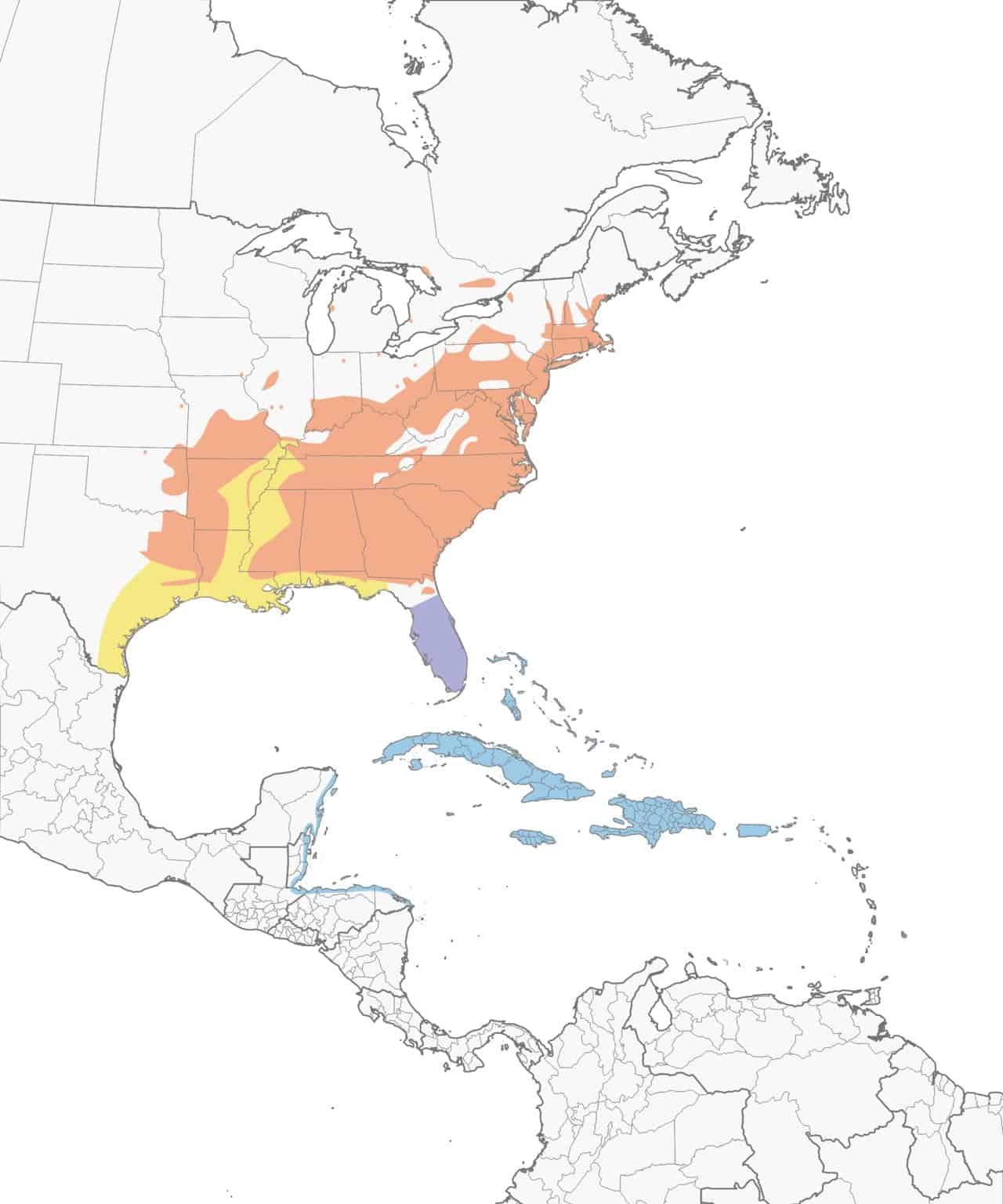 Mapa de distribución de la curruca de las praderas.