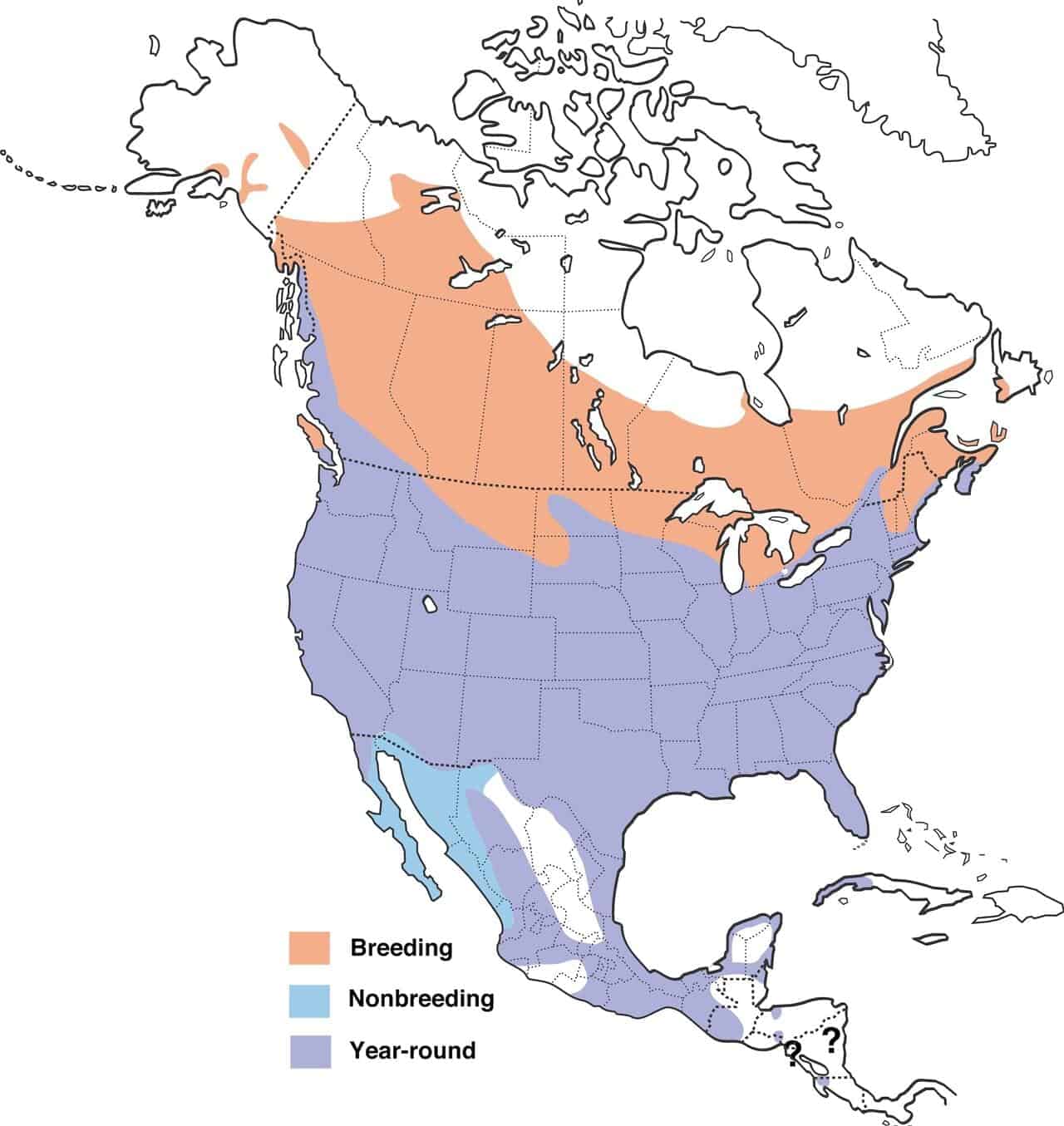 Mapa de distribución del mirlo de alas rojas.