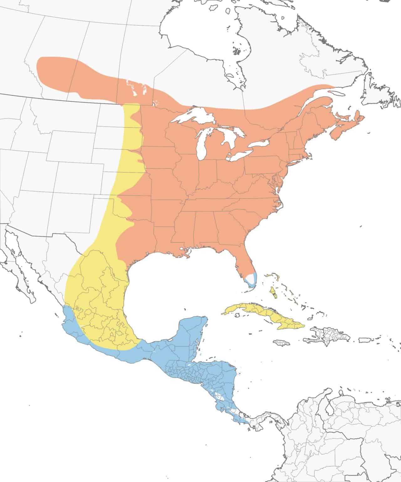 Mapa de distribución del colibrí de garganta rubí