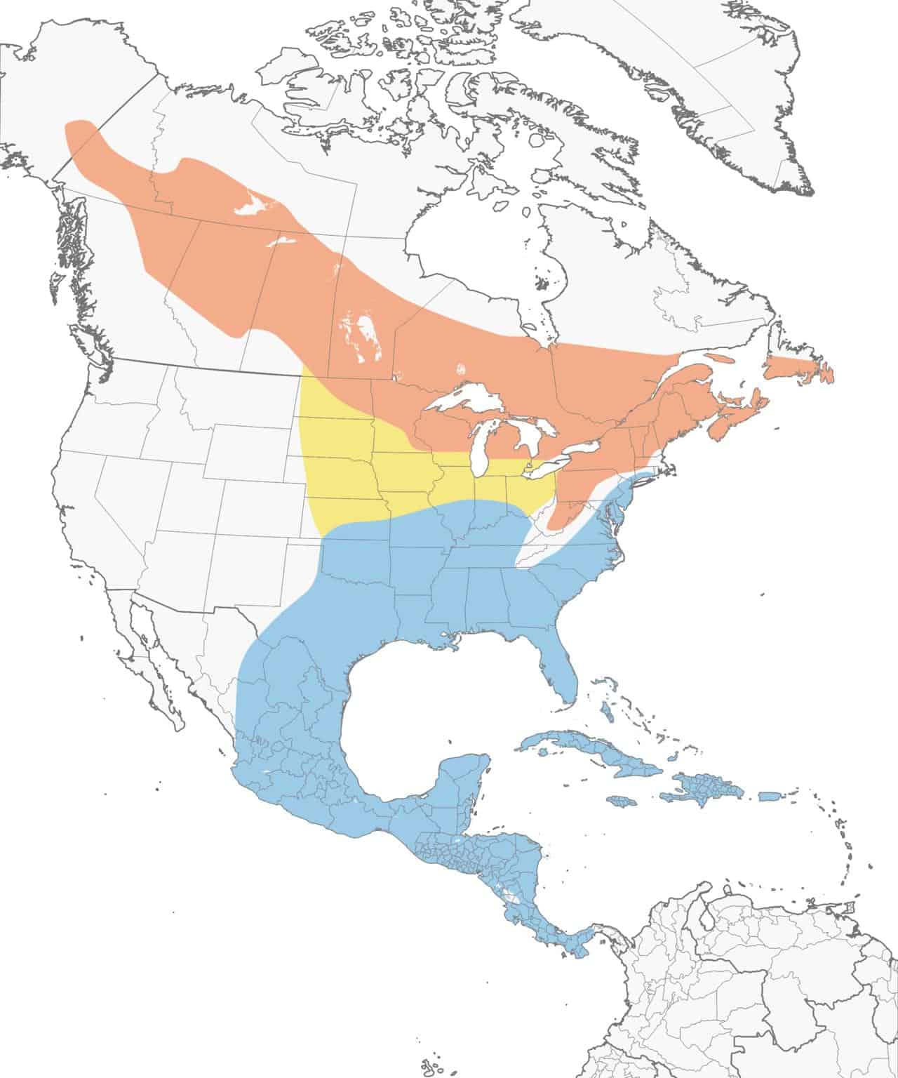 Mapa de distribución de los chupasavia de vientre amarillo.