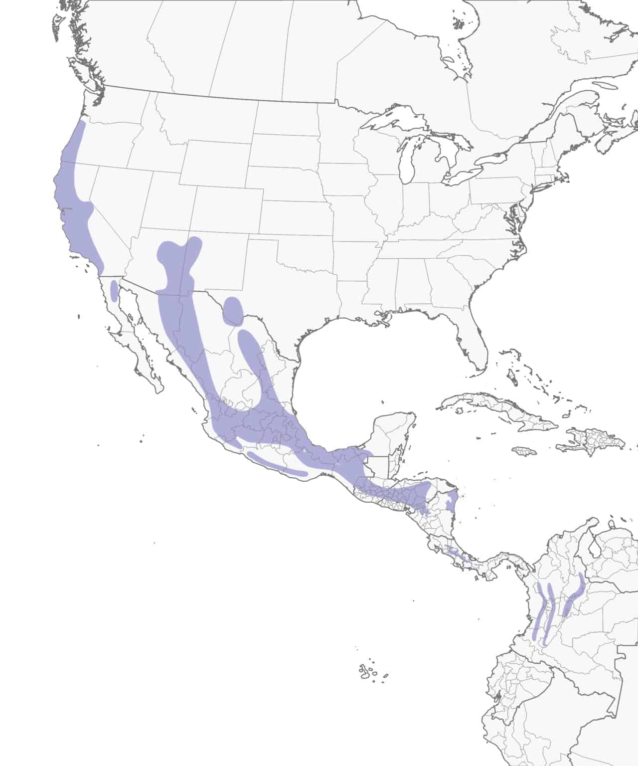 Mapa de distribución del pájaro carpintero bellotero.