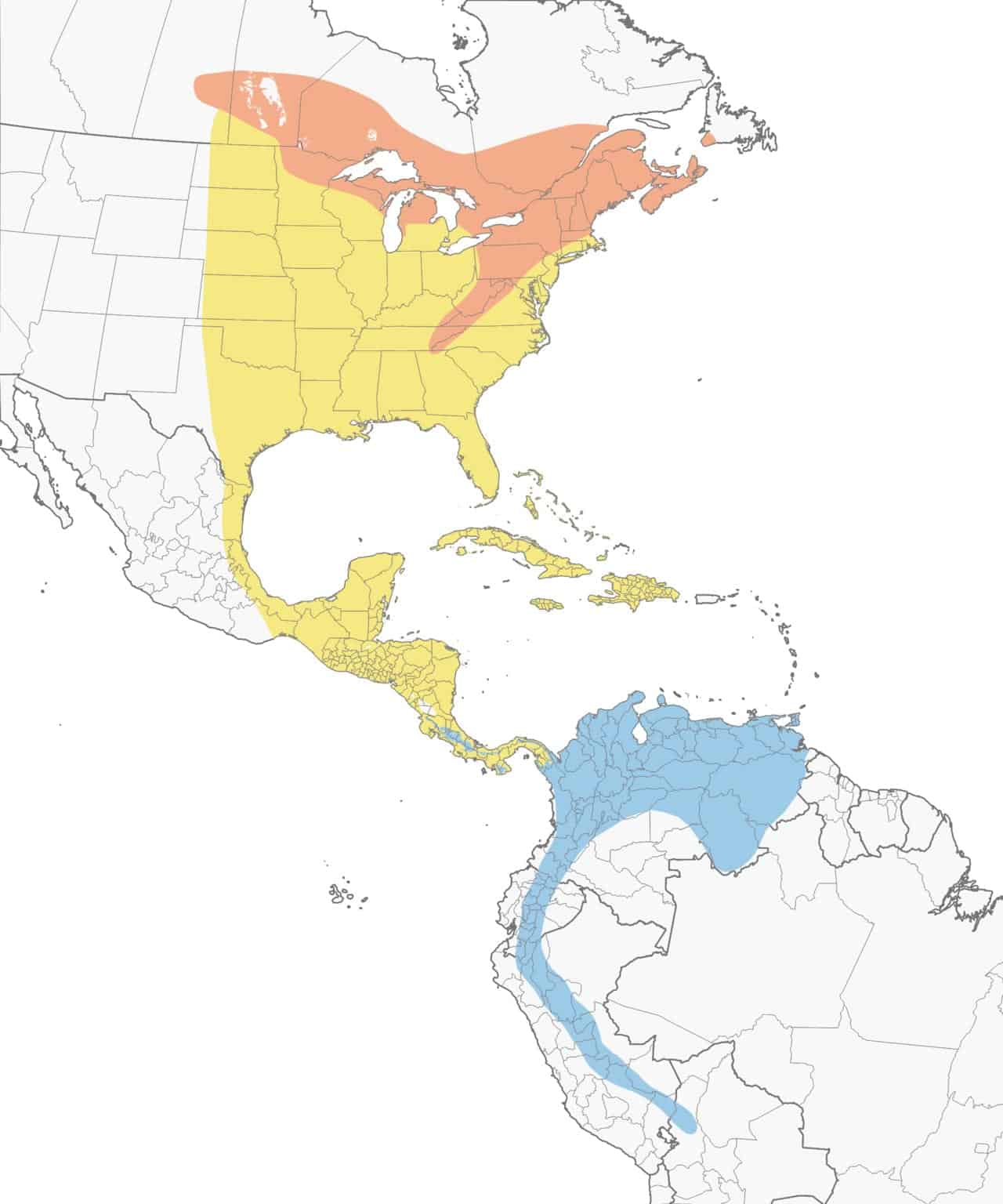 Mapa de distribución de la Reinita Blackburnian.