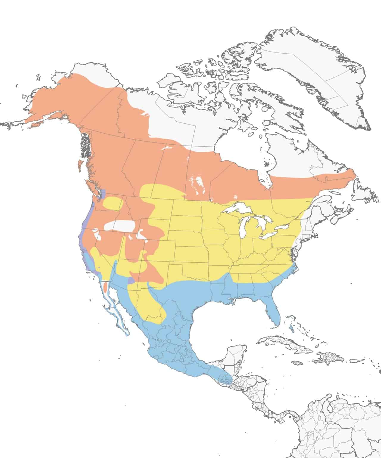 Mapa de distribución de la reinita corona naranja.
